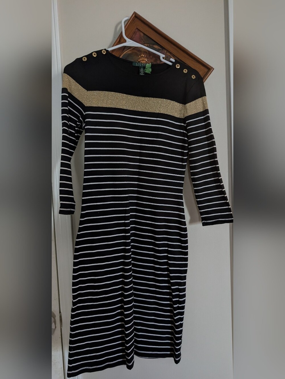 Ralph Lauren Black and White Striped Long Sleeve Dress with Gold Band